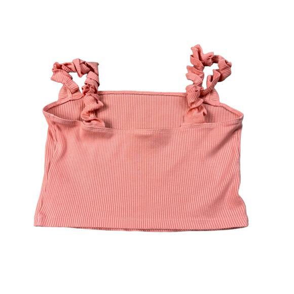 SUNDAY BEST Salmon Pink Ribbed Knit Crop Tank Top Ruffle Straps Size Small - Picture 2 of 5